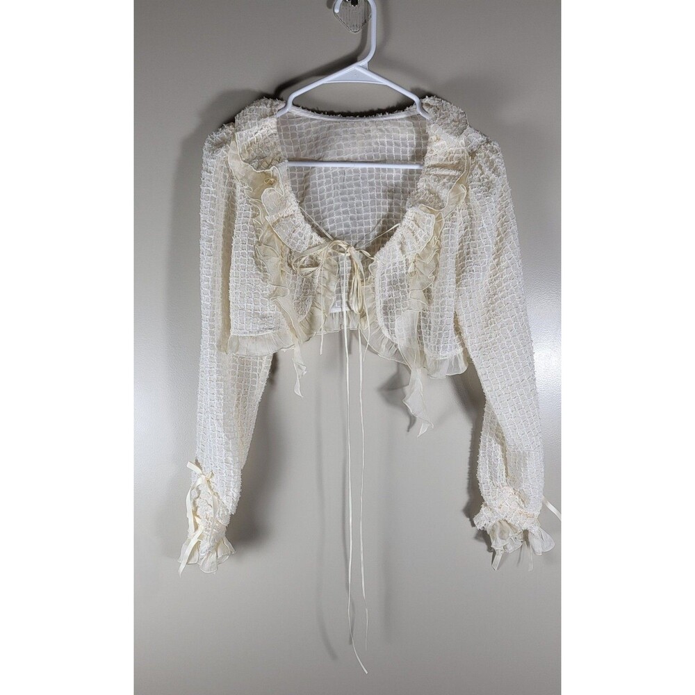 Womens Ivory Ruffle Bolero Shrug Tie Front Crop Cardigan Coquette Romantic M - Picture 2 of 8